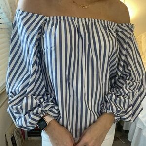 Costal blue stripped off the shoulder top